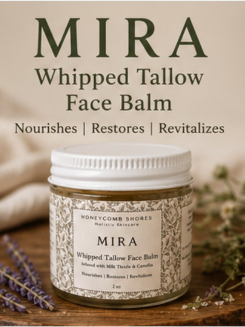 Whipped Tallow Face Balm 2 oz glass jar